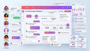 AI customer support automation platform handling customer queries 24/7 through chat, email, and intelligent workflow automation.