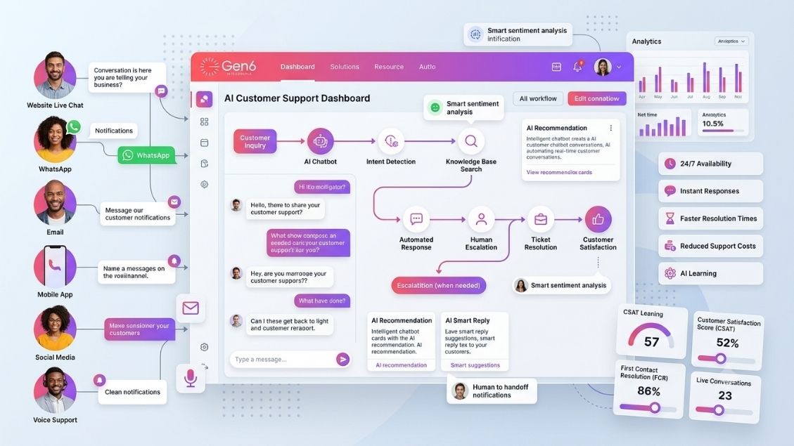 AI customer support automation platform handling customer queries 24/7 through chat, email, and intelligent workflow automation.