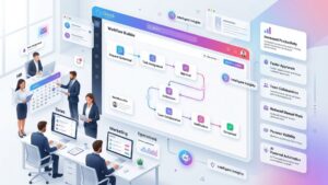 Workflow management system dashboard illustrating automated business processes, task management, approvals, and team collaboration.