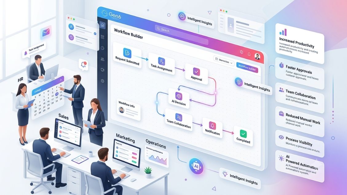 Workflow management system dashboard illustrating automated business processes, task management, approvals, and team collaboration.